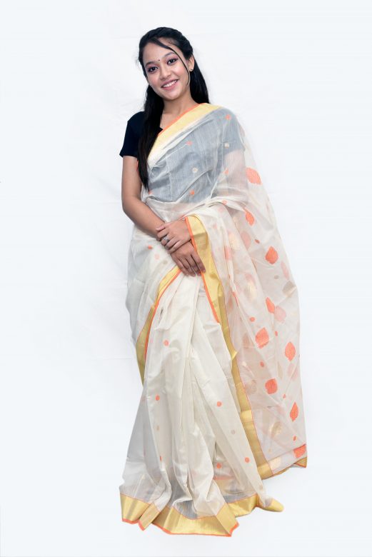 Handwoven White Silk Chanderi Pallu Saree