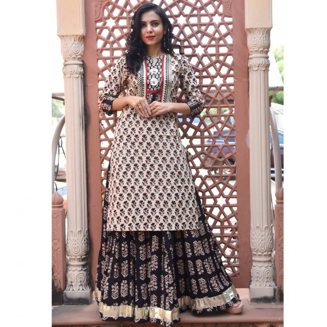 Bagru Handblock Print Cotton Kurta-Skirt Set - Black