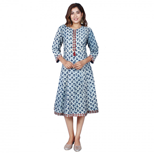 Blue Dabu Print Straight Line Kurti