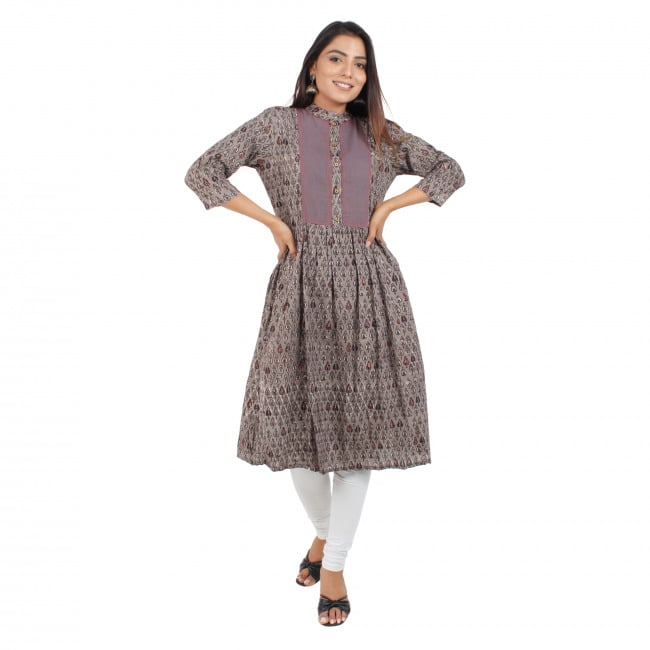 Tribes India Bagru Hand Block Printed Anarkali Kurti With Kantha Work (Grey)