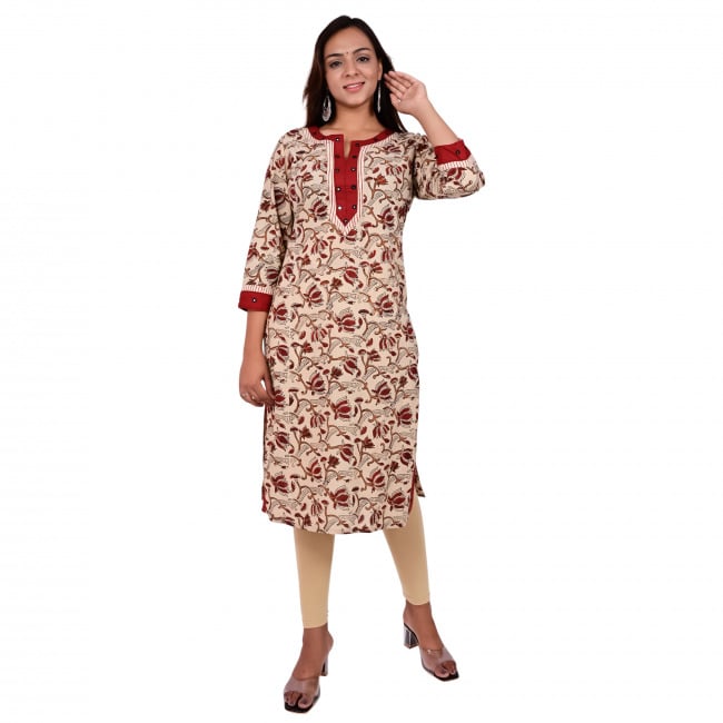 Tribes India Floral Printed Straight Kurti With Mirror Work