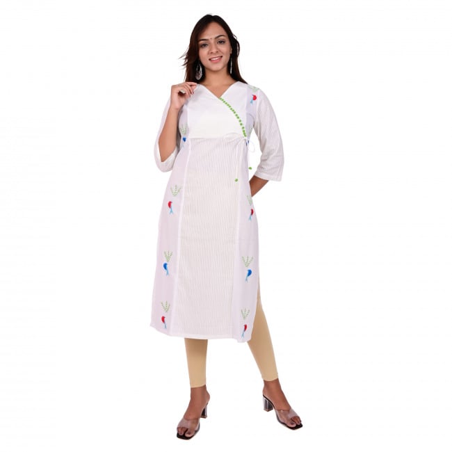 Tribes India Hand Embroidered White Angrakha Kurti