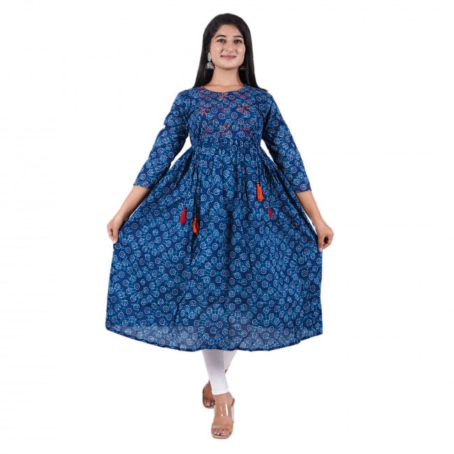 Tribes India Hand Embroidered Blue Printed Kurti with Tassel
