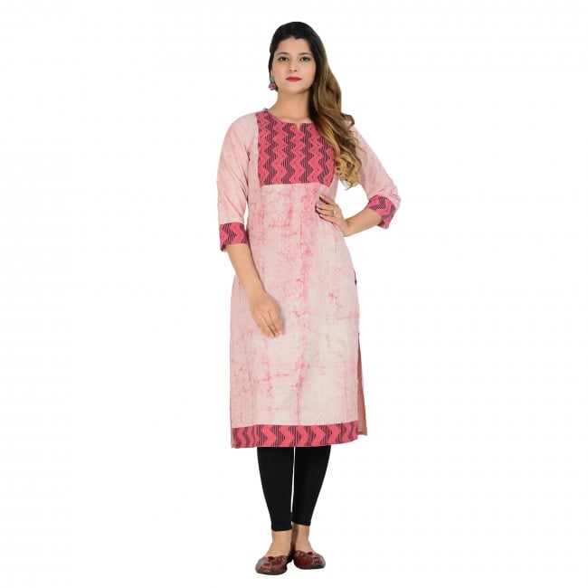 Tribes India Pink Dyed Cotton Kurti With Kantha Work