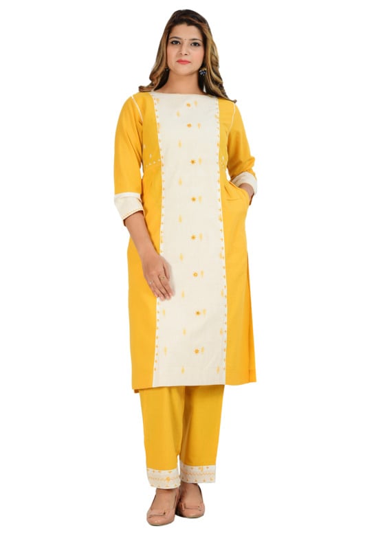 Cotton Hand Embroidered Yellow Kurti-Pant Set With Kantha Work