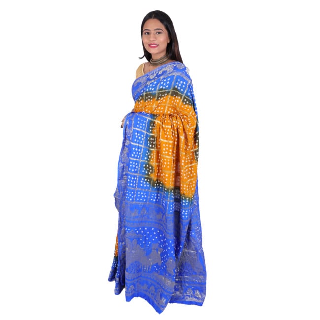 Handwoven Tangerine and Blue Bandhej Saree