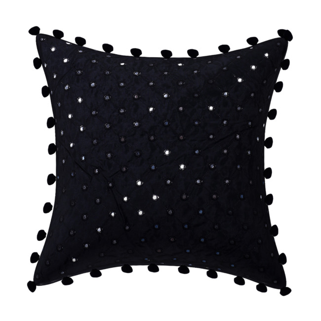 Black Mirrorwork Cushion Cover With Pom Pom