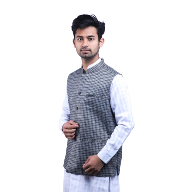 Woolen Check Black Waist Coat