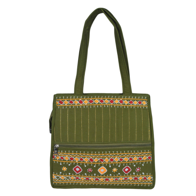 Tribes India Banjara Embroidery Shoulder Bag | Tote Bag | Thread & Beads Handmade Mirror Work | Olive Green Color