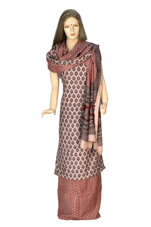 Handwoven White Cotton Silk Mix Maheshwari Bagh Print Suit Material