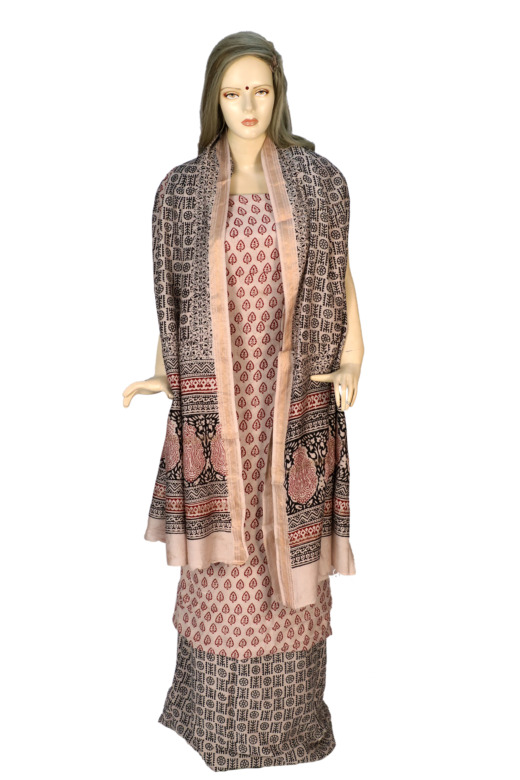 Handwoven White Cotton Silk Mix Maheshwari Bagh Print Suit Material