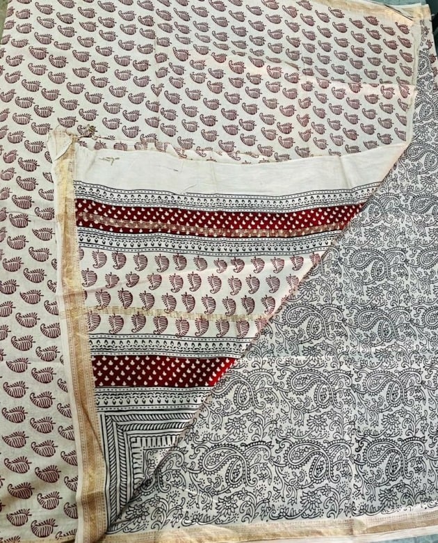 Handwoven White Cotton Silk Mix Maheshwari Bagh Print Suit Material