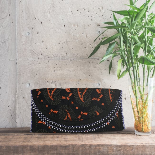 3 Fold Handmade Purse Cotton, Sponge & Bid Work Small Black with Design (PVTG)