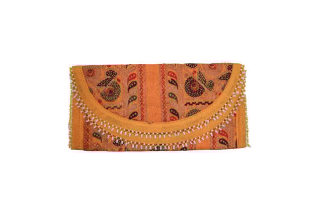 3 Fold Handmade Purse Cotton, Sponge & Bid Work Small Mustard Yellow with Design (PVTG)
